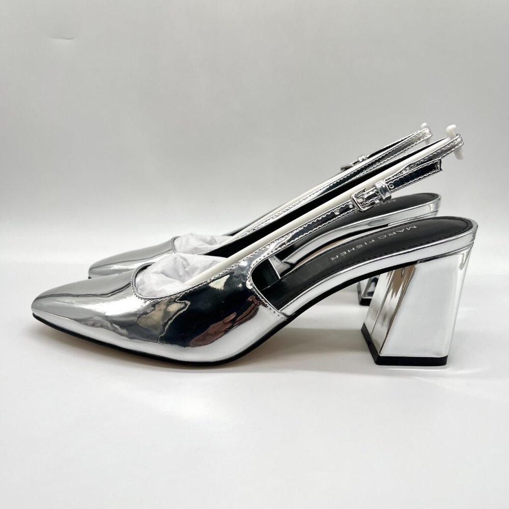 Marc Fisher Womens 9M Lethe Silver Mirror Slingback Heels Pumps Shoes - Picture 6 of 13